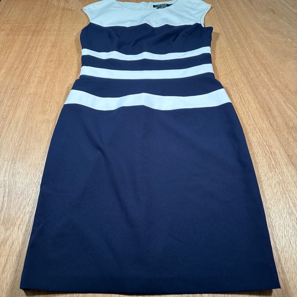 Lauren Ralph Lauren Sheath Dress Womens 8 Navy White Striped Sleeveless Boat